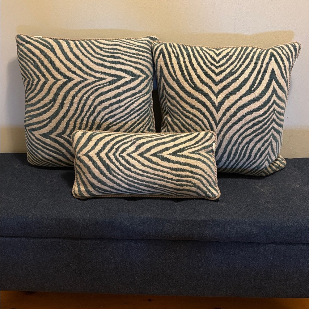 Set/3 ARHAUS Square & Mini Linen Throw Pillows Zebra Stripe Brocade Blue